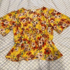 (3 FOR $21) Socialite Yellow Floral Ruched Blouse